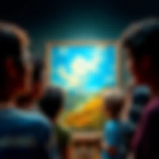 A group of people looking at a painting from various angles, showing different reactions to the same artwork.