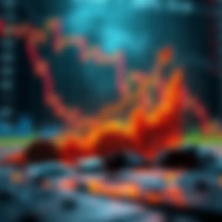 A graphic showing the price chart of Dino Coin with an upward trend against a backdrop of a falling market chart, symbolizing its 20% increase amidst a market downturn.