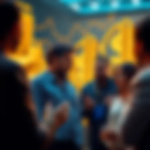 People engaging in a conversation about the value of assets, with images of gold and digital currency in the background.