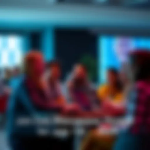 A group of people chatting casually in a forum setting with smiles and open laptops, sharing thoughts and questions.
