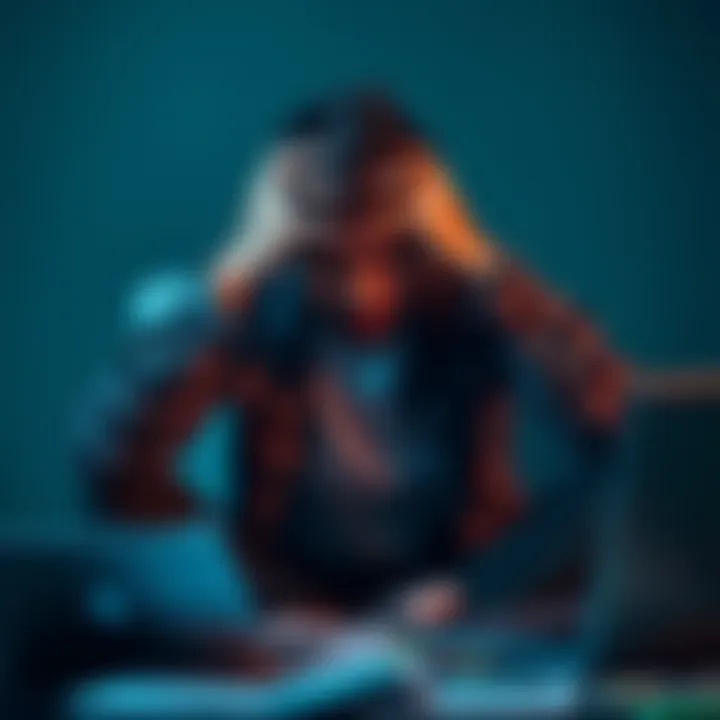 A person sits with their head in their hands, expressing frustration and sadness after falling victim to a cryptocurrency phishing scam, surrounded by financial documents and a laptop.