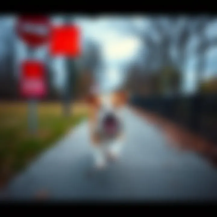 A playful dog turning the wrong way while ignoring a directional signal on a path.