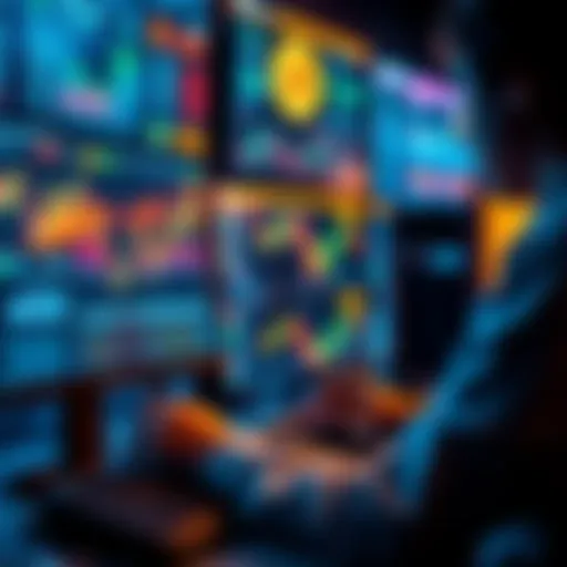 A person analyzing DOGE mining charts and strategies on a computer screen, with digital currency graphics in the background.