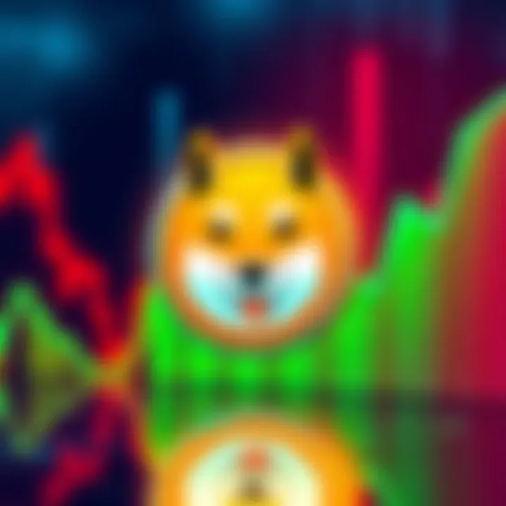 Doge cryptocurrency logo with a downward trend graph behind it