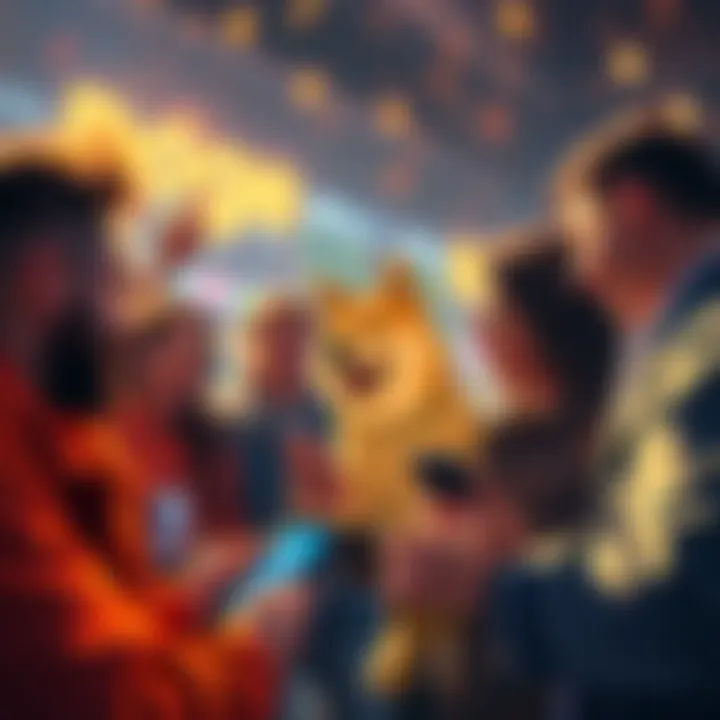Group of crypto enthusiasts celebrating while analyzing Doge market trends and graphs on their devices