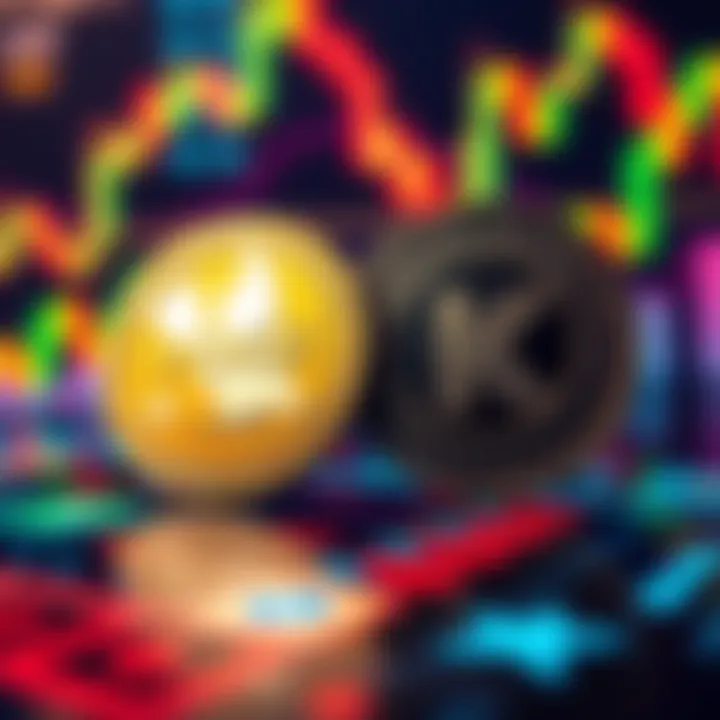Two coins representing DOGE and Kaspa on a digital trading platform, illustrating investment choices