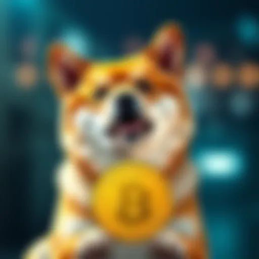 A Shiba Inu dog with a gold coin featuring the Dogecoin symbol, symbolizing investment potential in cryptocurrency.