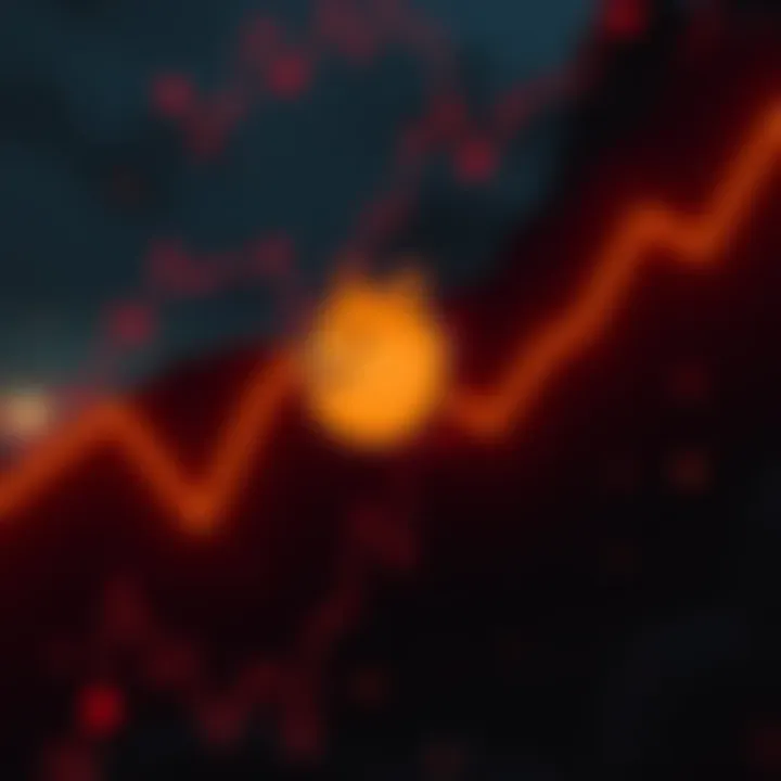 A representation of a downward trend line with a Dogecoin symbol, reflecting the falling prices of Dogecoin in 2025