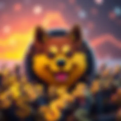 Doge Coin logo surrounded by dollar signs representing its rise towards the $1 mark
