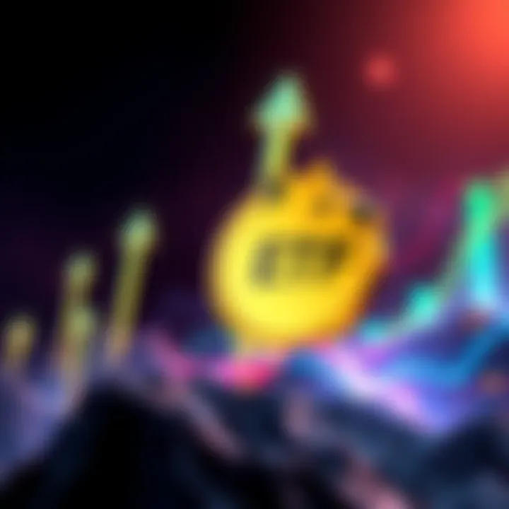 Graphic showing Dogecoin logo with upward arrows and ETF symbol, illustrating potential investment growth.