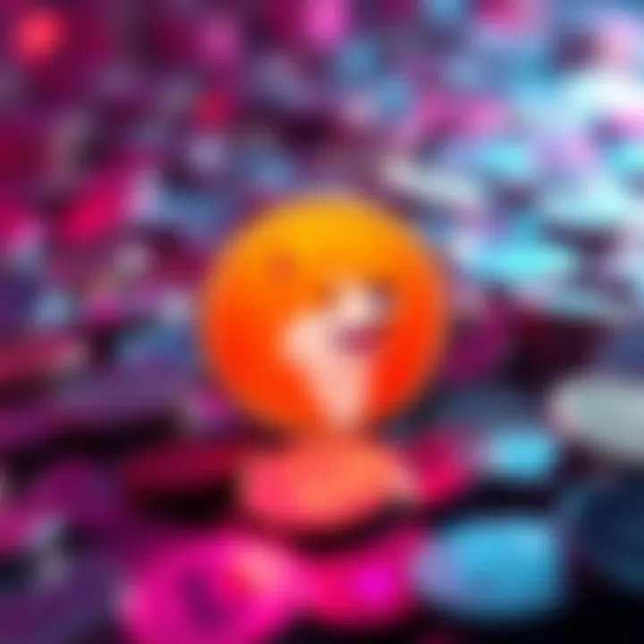 Dogecoin logo in bright colors A vibrant Dogecoin logo sits against a backdrop of diverse coins, symbolizing inclusivity and abundance in cryptocurrency.