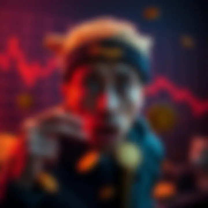 A person looking worried while holding Dogecoin tokens, with a downward trend graph in the background.