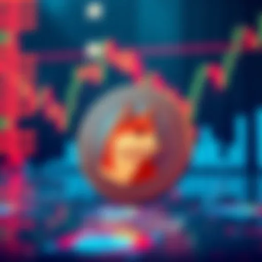 A Dogecoin coin in the foreground with stock market charts and financial symbols in the background, representing institutional adoption