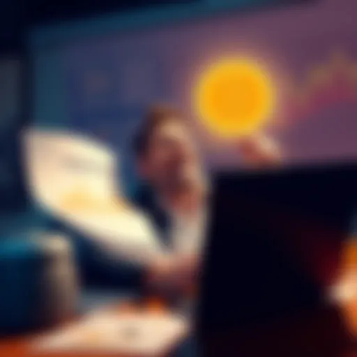 A person looking excited while reviewing Dogecoin investment charts, surrounded by financial documents and a laptop