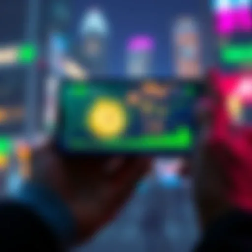 A person holding a smartphone displaying Dogecoin graphics and trends, symbolizing investment strategy and growth.