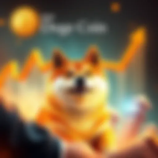 A visual representation of Dogecoin price trends with upward arrows and a Shiba Inu dog icon.