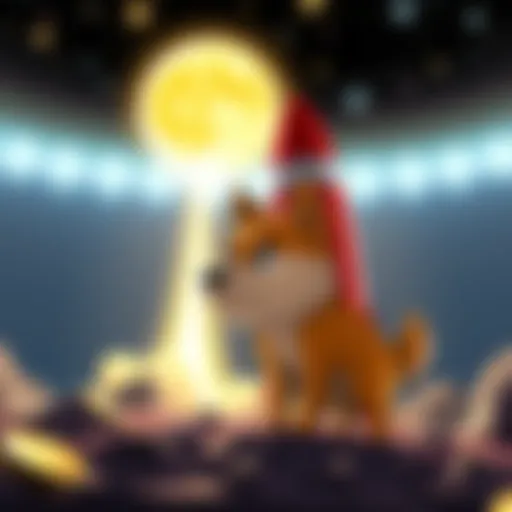 A graphical representation of Dogecoin's price increase with a cartoon dog and a rocket heading towards the moon.