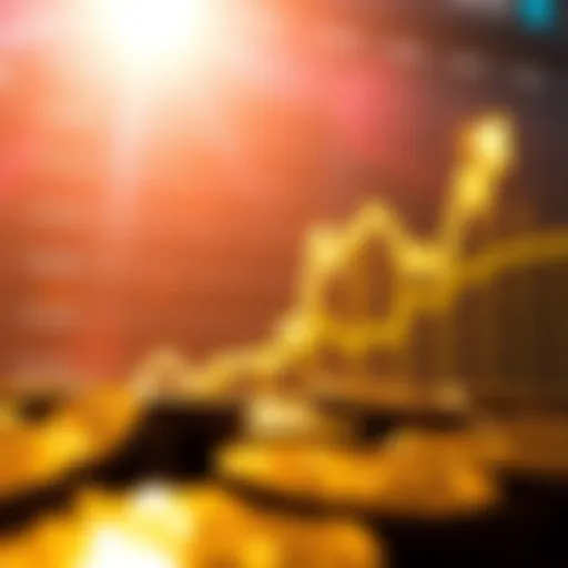 A line graph showing the increasing value of Dogecoin with a bright background and coins in the foreground.