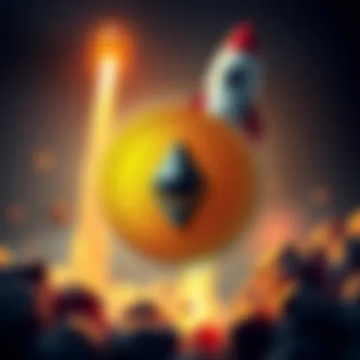 A graphic showing Dogecoin symbol with a rocket in the background, symbolizing its rise in value after a conversion from Ethereum.