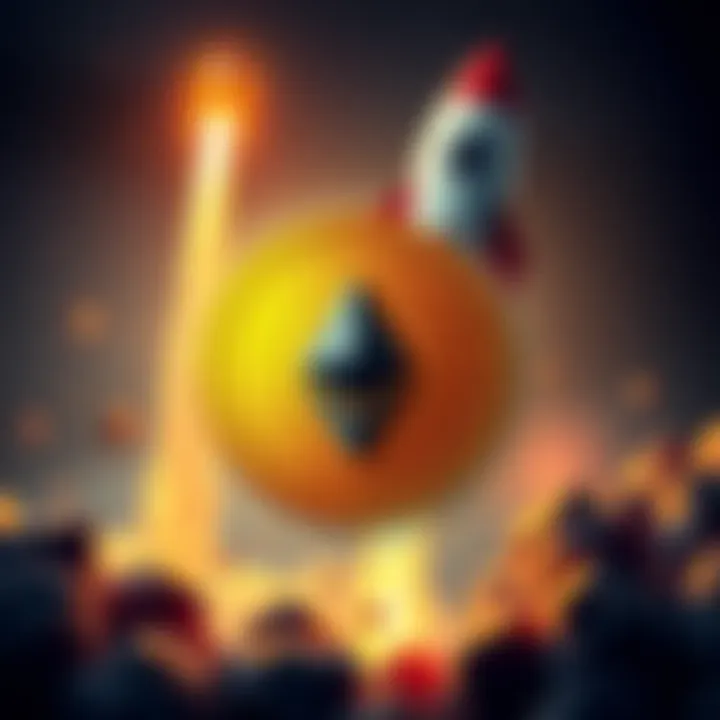 A graphic showing Dogecoin symbol with a rocket in the background, symbolizing its rise in value after a conversion from Ethereum.