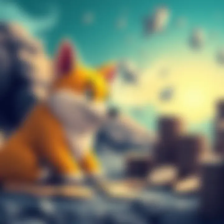 A cartoon dog with stacks of Dogecoin coins, symbolizing a retirement plan through weekly staking.