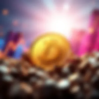 Doge coin symbol surrounded by charts showing upward trend and growth in a bright background