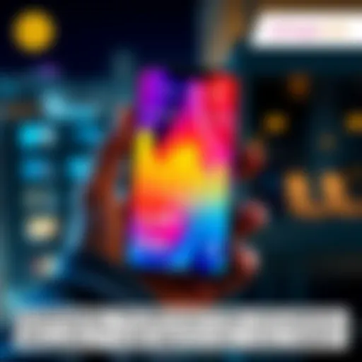 A person's hand holding a smartphone displaying Dogecoin balance and market value on a colorful screen