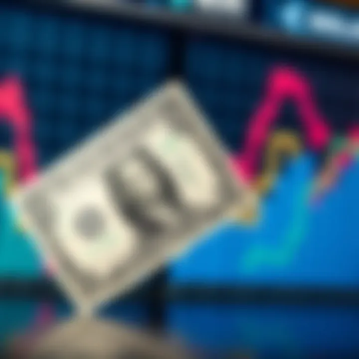 A dollar bill in front of a downward trending financial graph illustrating the decline of the dollar's value.