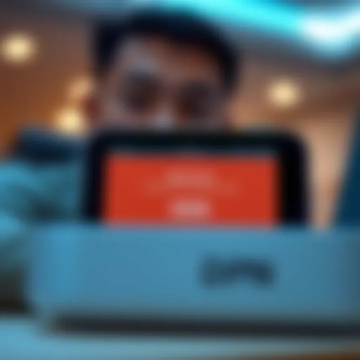A close-up of a DPN Mini device showing an error message related to app access, with a concerned person in the background