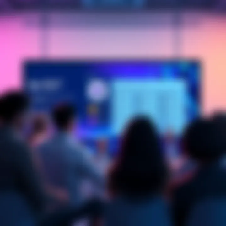 A group of people discussing DREP candidates for Cardano support, with a digital display showing Cardano Whale's logo and voting options.