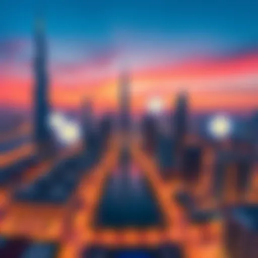 A digital representation of Dubai's skyline featuring properties with token symbols, illustrating the tokenization of real estate titles using XRP Ledger.