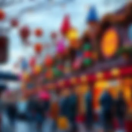 A lively street scene with people enjoying festivities during Dumptober, featuring colorful decorations and joyful interactions.