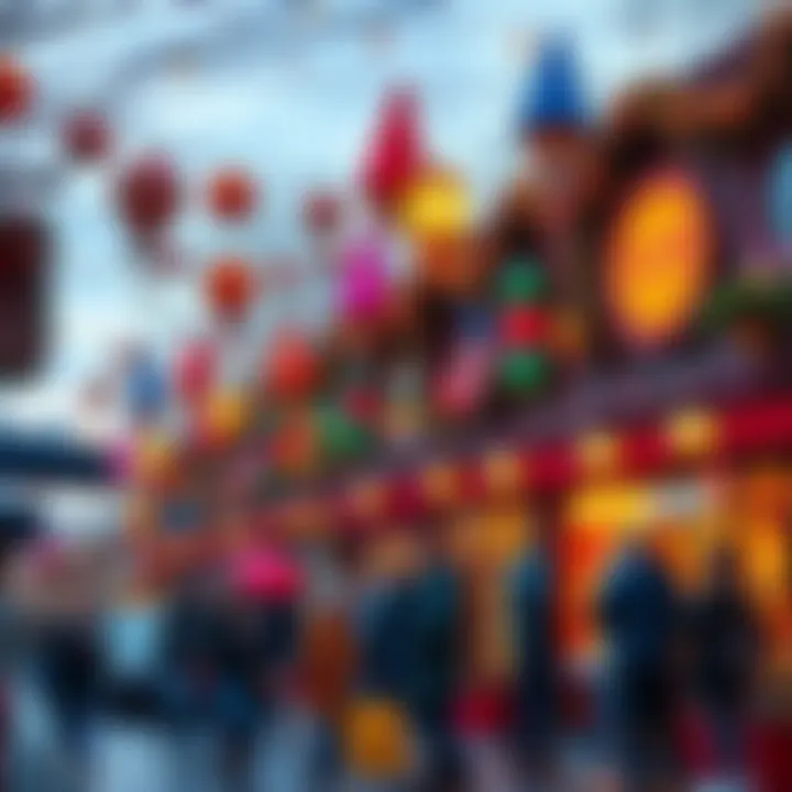 A lively street scene with people enjoying festivities during Dumptober, featuring colorful decorations and joyful interactions.