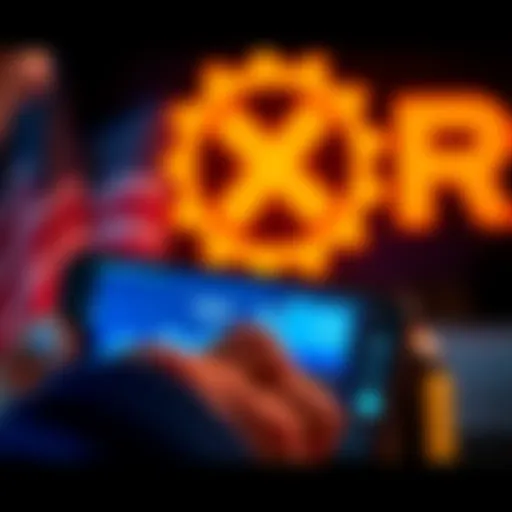A person checking their crypto wallet on a phone, with XRP logo in the background and interest growth graph displayed on the screen.