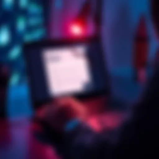 A person examining a suspicious email on a laptop with a magnifying glass, highlighting warning signs of a scam.