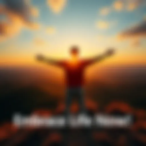 A person standing on a hill with arms open wide, looking at a bright sunrise, symbolizing seizing the moment and embracing life.