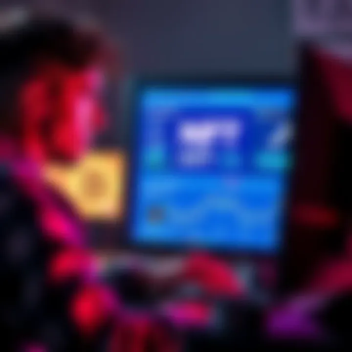 An emerging artist is looking at a computer screen displaying NFT art and transaction fees, showing concern on their face