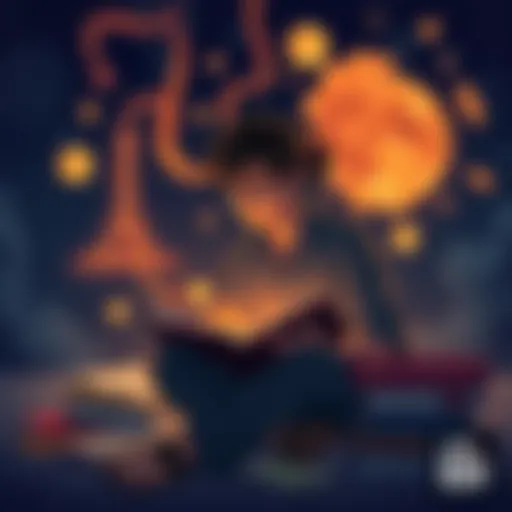 A person sitting with a book, surrounded by thoughts and ideas that illustrate a captivating story, showing deep engagement and interest.