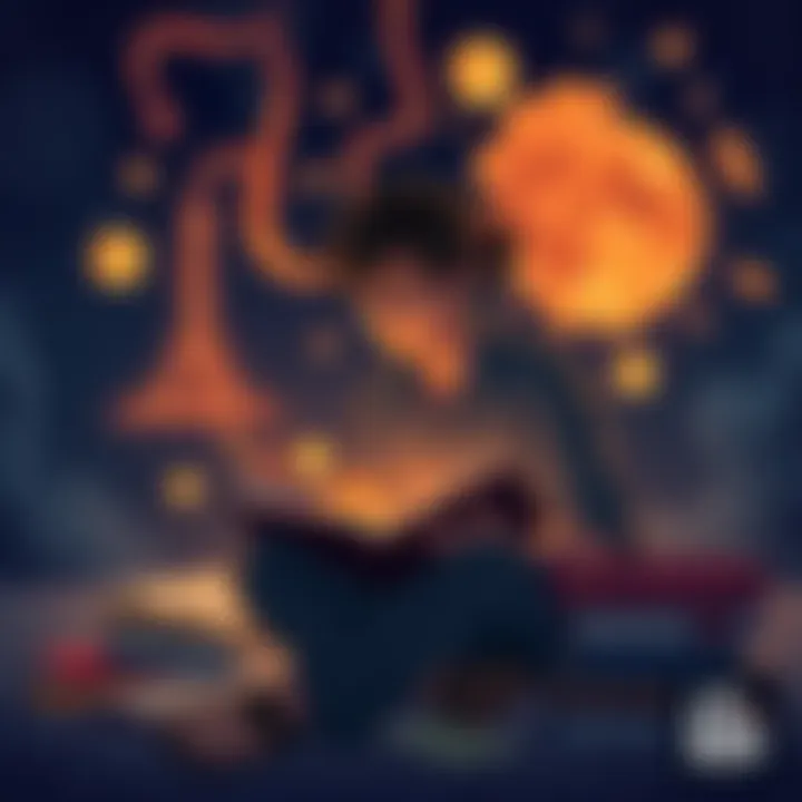 Engaging Narrative Illustration A person sitting with a book, surrounded by thoughts and ideas that illustrate a captivating story, showing deep engagement and interest.