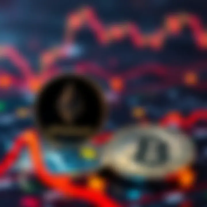 Ethereum and Solana coins with arrows indicating market trends