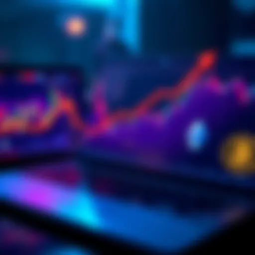 A graph displaying the recent price trend of Ether with upward arrows indicating potential growth, alongside a laptop showing financial charts and crypto symbols.