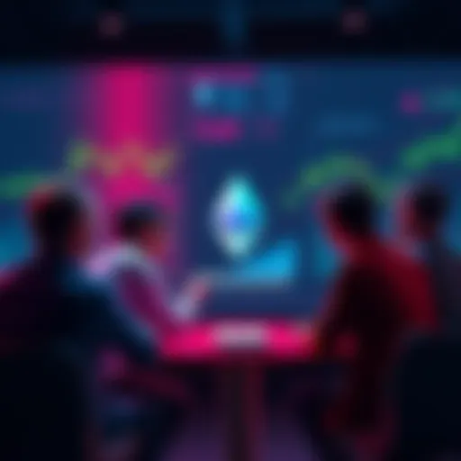 A group of people engaging in a discussion about Ethereum with charts and graphs in the background.