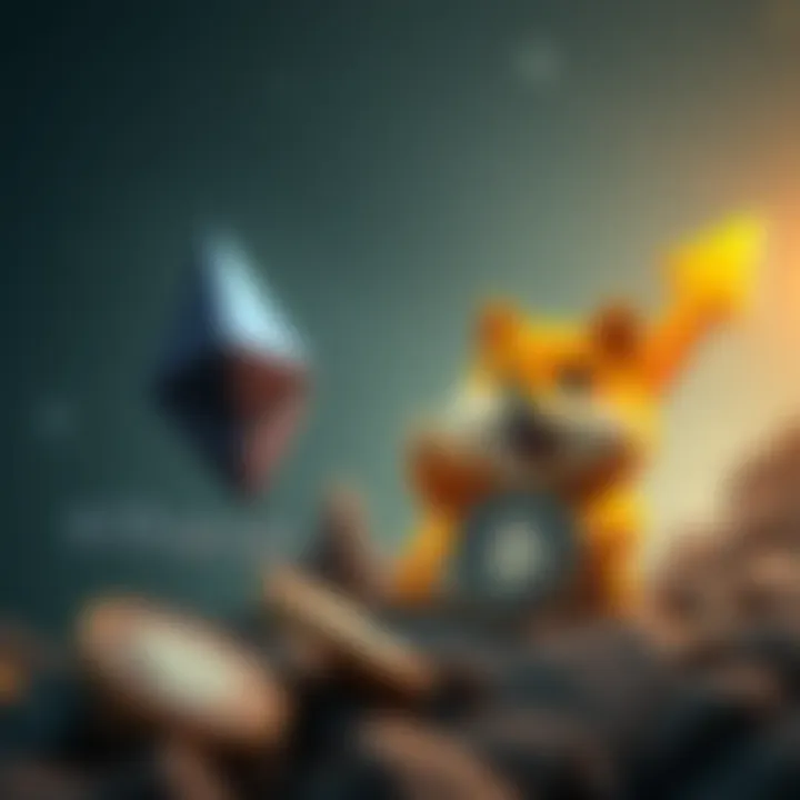 Ethereum logo and Dogecoin mascot with upward arrows symbolizing market growth
