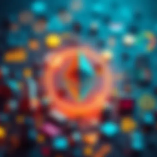 Ethereum logo surrounded by icons representing finance and technology