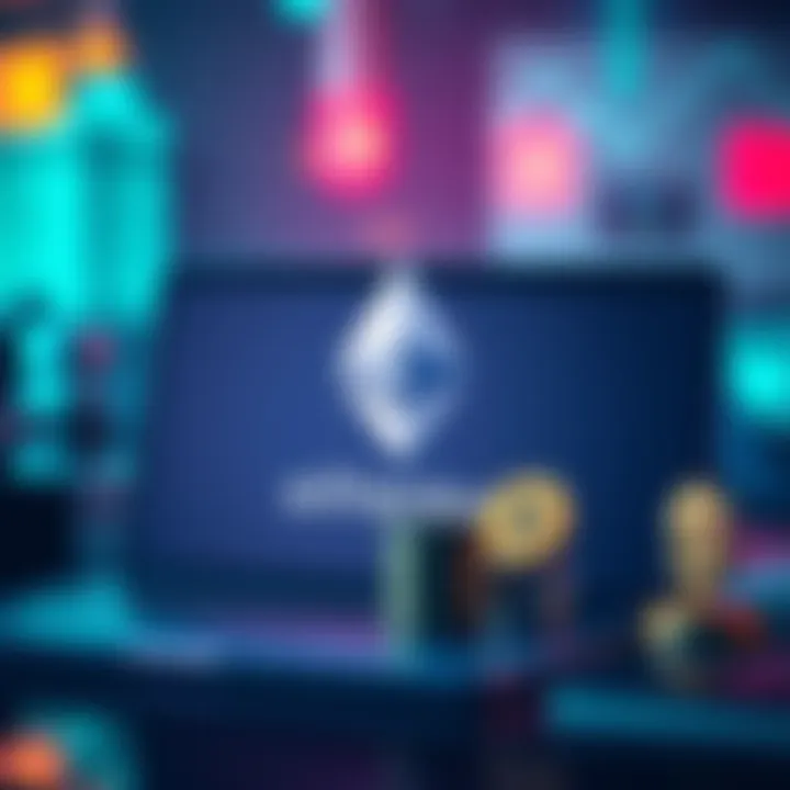 A digital representation of Ethereum payments being processed, showing the Ethereum logo alongside a laptop and a dollar sign symbolizing business transactions.