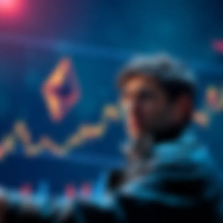 A line graph showing Ethereum price fluctuations stalling, with a worried investor looking at the chart.