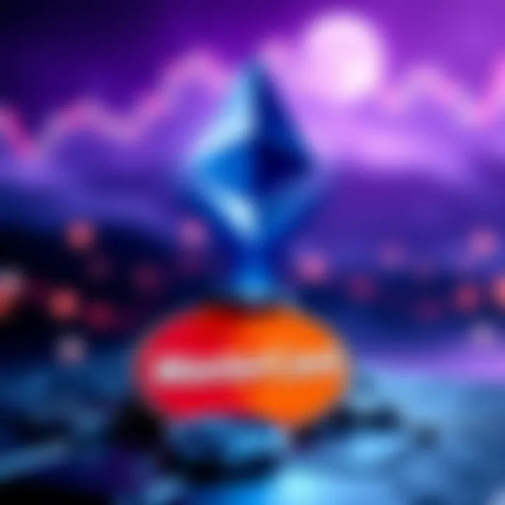 A graphic showing Ethereum's logo rising above Mastercard's logo, symbolizing its new market cap status