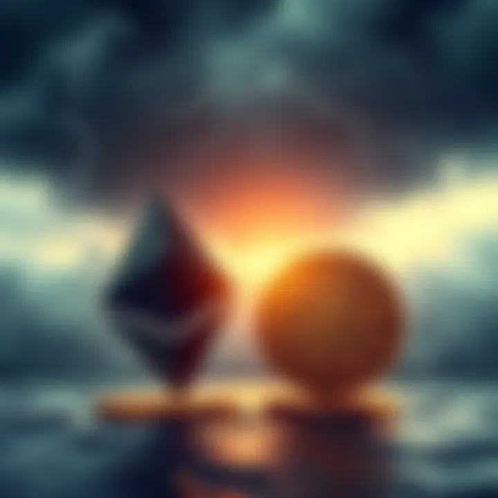 Ethereum and Bitcoin in a financial storm Illustration showing Ethereum and Bitcoin icons facing a storm with dark clouds, indicating potential market challenges