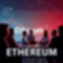 A group of people engaging in discussions about Ethereum, with charts and crypto symbols in the background, representing updates and news.