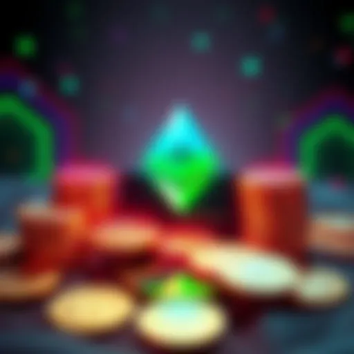 Illustration of Ethereum logo with a green light and a red light, symbolizing the contest rules of predicting price movements, surrounded by coins representing the prize.